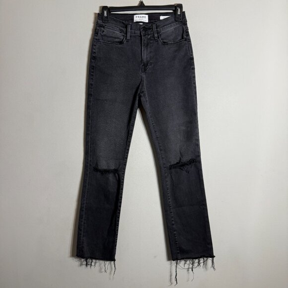 Frame Le High Straight Leg Denim Jeans Womens 26 Molony Black Distressed Raw Hem - Picture 6 of 16